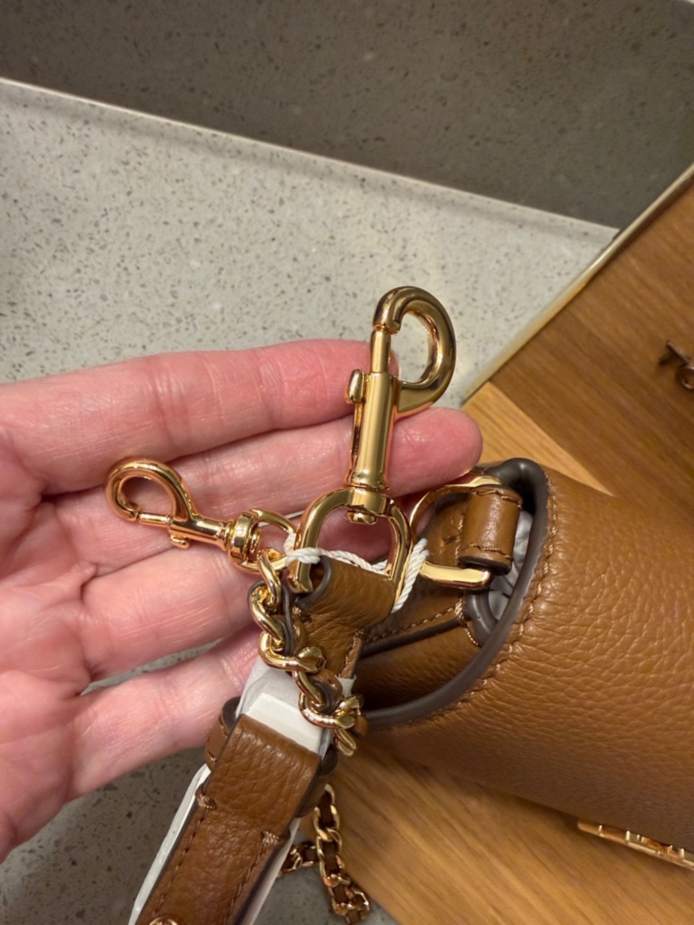 Tory Burch Tan Leather Convertible Crossbody with Gold Logo 2 adjustable straps - Picture 4 of 13